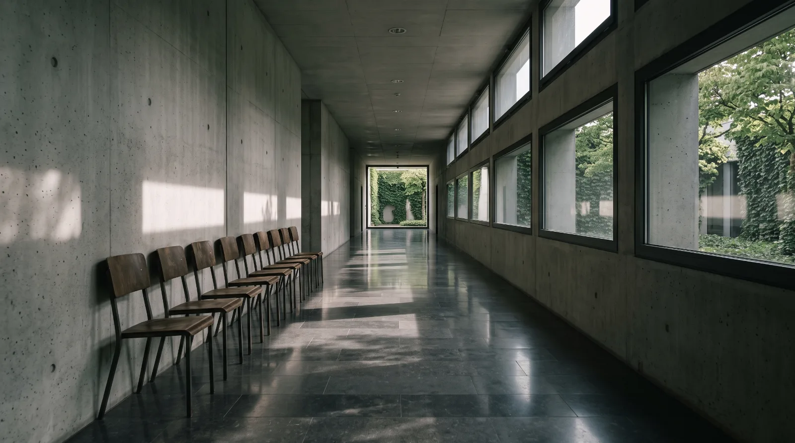 Leerer Flur einer Trauerhalle mit Sonnenlicht auf dem Steinboden im Kontext der Bestattungsfrist Berlin.