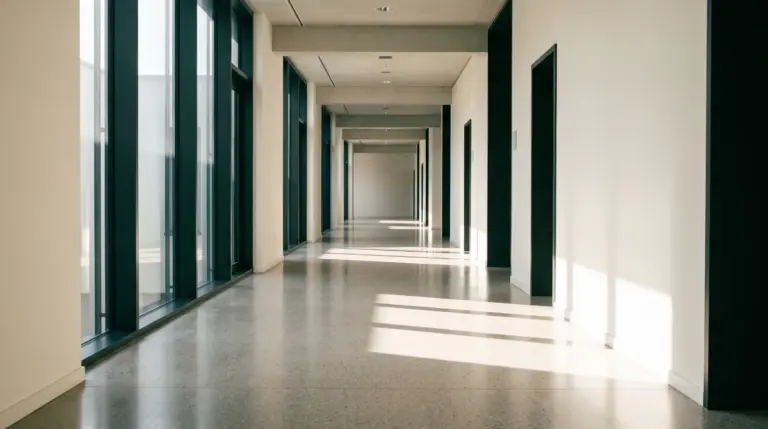 Sonnenlicht fällt durch hohe Fenster in einen leeren Korridor. Thema: Bestattungsfrist Bremen.
