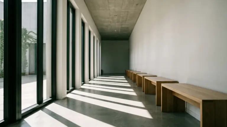 Leerer, moderner Korridor einer Trauerhalle mit langen Schatten auf dem Steinboden zur Bestattungsfrist Hamburg.