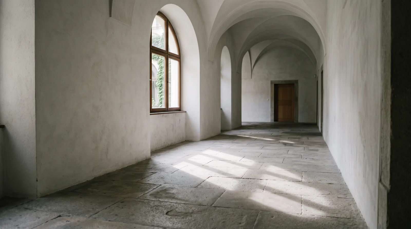 Heller, leerer Flur mit Sonnenlicht auf dem Steinboden zur Bestattungsfrist Rheinland-Pfalz.