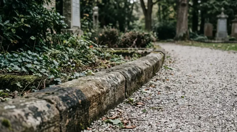 Verwitterte Steinkante an einem Kiesweg auf dem Friedhof für eine christliche Bestattung.