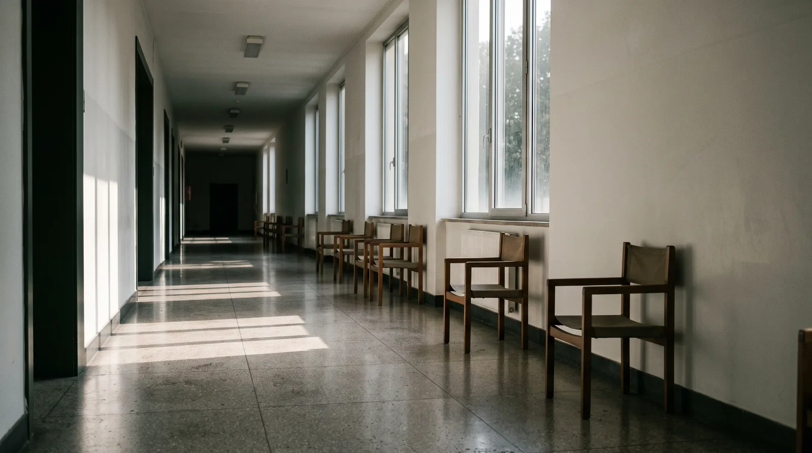 Leerer Flur im Amtsgericht mit Stuhlreihe und Lichtreflexen auf dem Boden beim Erbe ausschlagen.