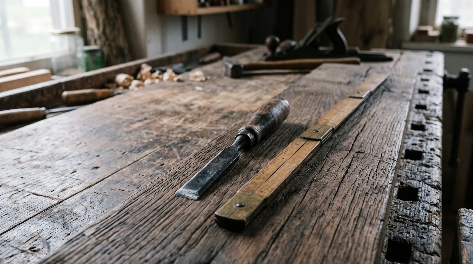 Ein Holzmaßstab und ein Meißel liegen auf einer Eichendiele als Sinnbild für das befristete Grabnutzungsrecht.