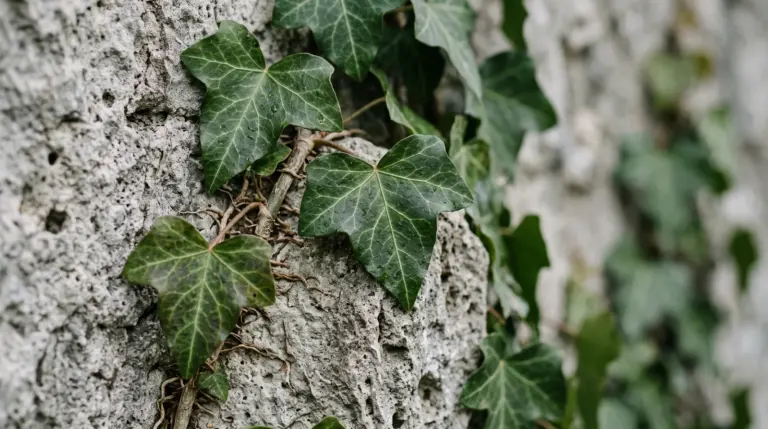 Grüner Efeu wächst an einer hellen Steinmauer im Tageslicht, symbolisch für bleibende Worte im Kondolenzbuch.