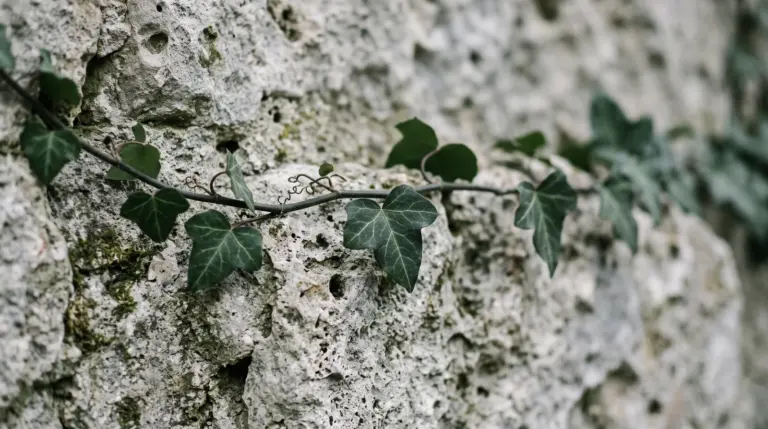Nahaufnahme von grünem Efeu an einer rauen Steinmauer im Tageslicht für den Beitrag zum Kondolenzschreiben.