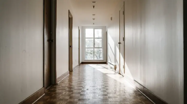 Leerer Wohnungsflur mit Sonnenlicht auf dem Parkettboden zum Thema Mietrecht im Todesfall.