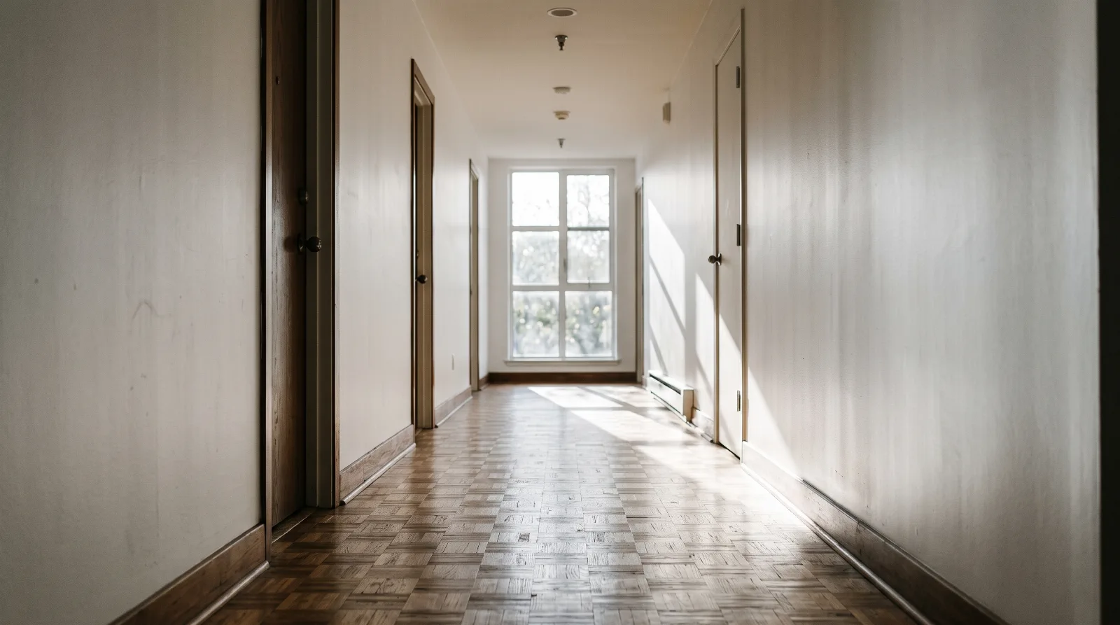Leerer Wohnungsflur mit Sonnenlicht auf dem Parkettboden zum Thema Mietrecht im Todesfall.