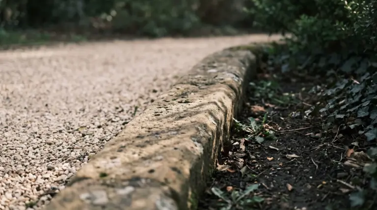 Verwitterte Sandsteinkante und Kiesweg auf dem Friedhof zum Thema muslimische Bestattung.