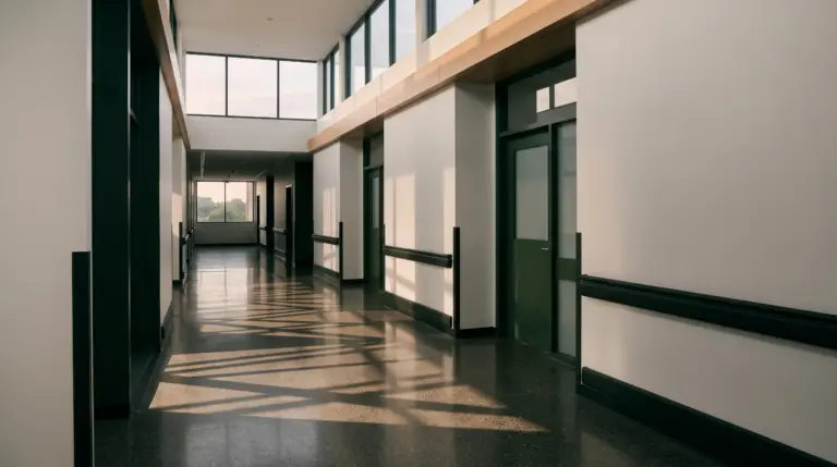Sonnendurchfluteter, leerer Korridor einer Klinik im Kontext einer Patientenverfügung.