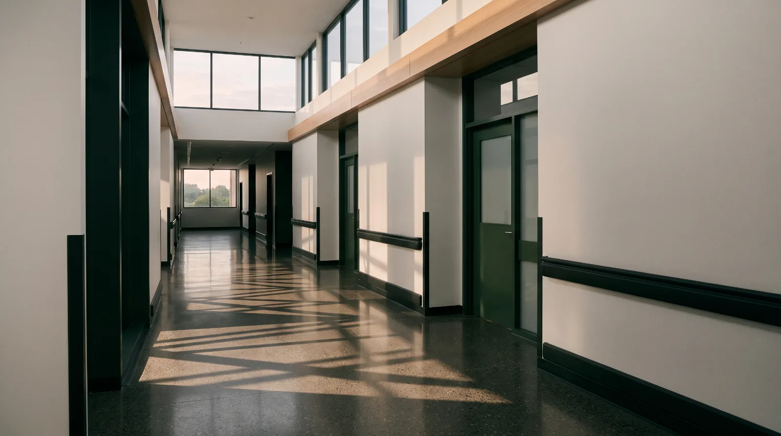 Sonnendurchfluteter, leerer Korridor einer Klinik im Kontext einer Patientenverfügung.