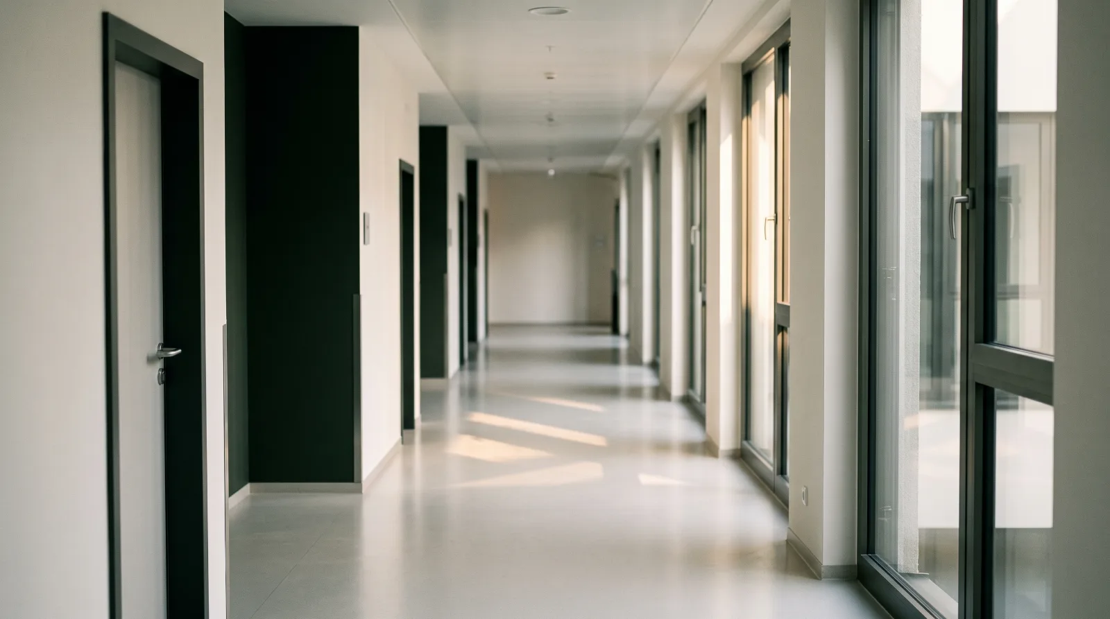 Lichtdurchfluteter, leerer Flur in einer Seniorenresidenz nach einem Todesfall im Pflegeheim.