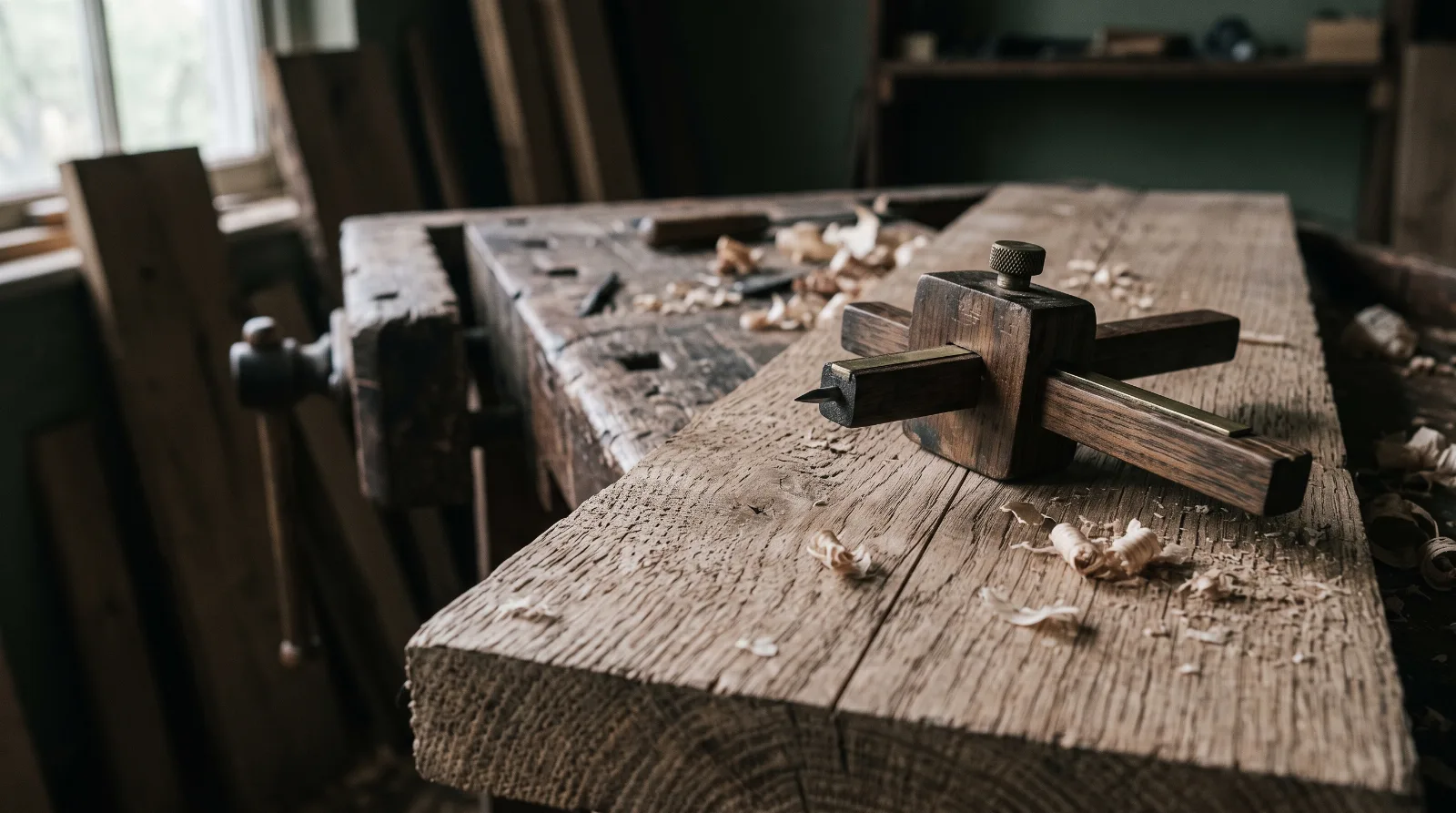 Holzwerkzeug auf einer rauen Eichenbohle auf der Hobelbank zum Thema Totenfürsorge.