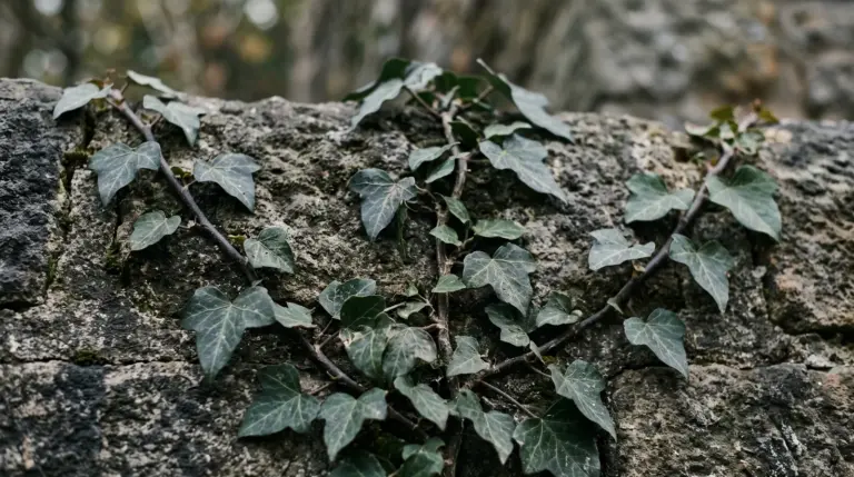 Detaillierte Efeuranken an einer Steinmauer im Sonnenlicht passend zum Trauerfeier organisieren.