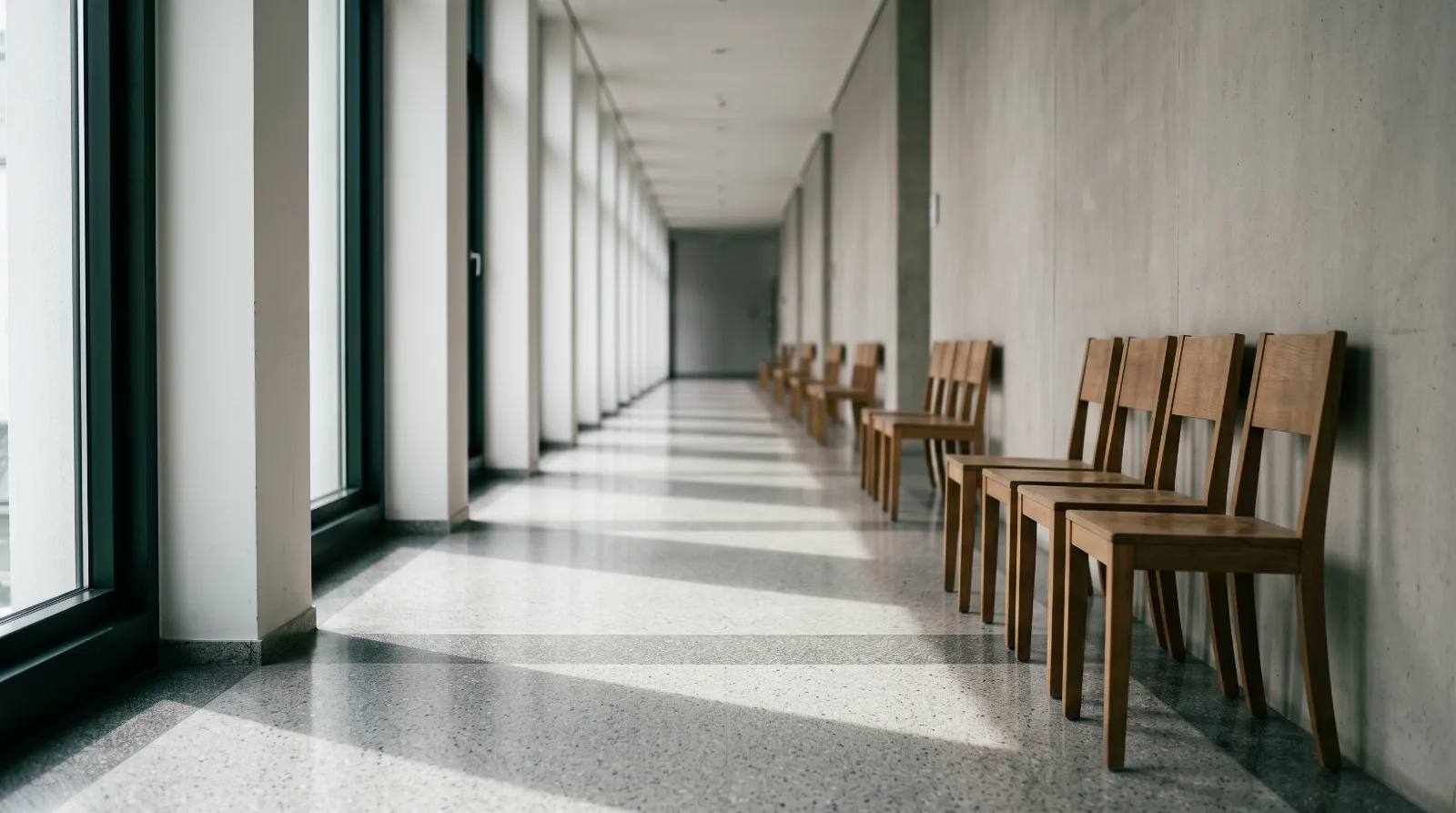 Leerer Flur eines Amtsgerichts mit Holzstühlen und langen Fensterschatten zum Thema überschuldeter Nachlass.