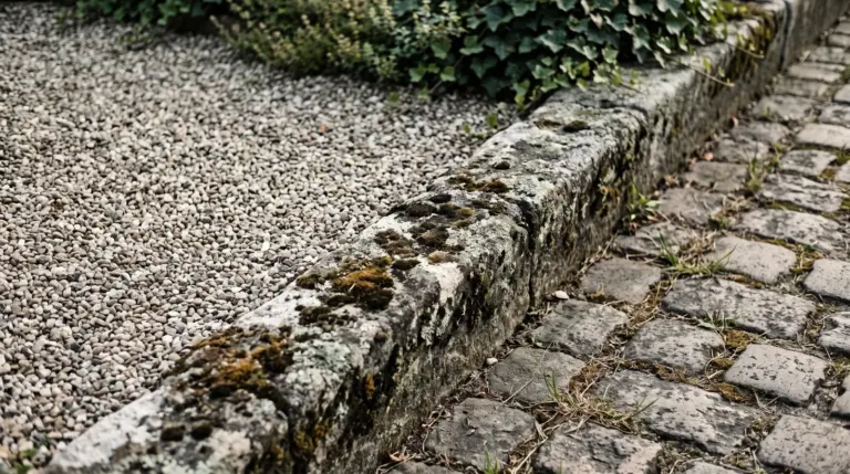 Verwitterte Steinkante auf dem Friedhof zwischen verschiedenen Wegebelägen zum Thema Umbettung.