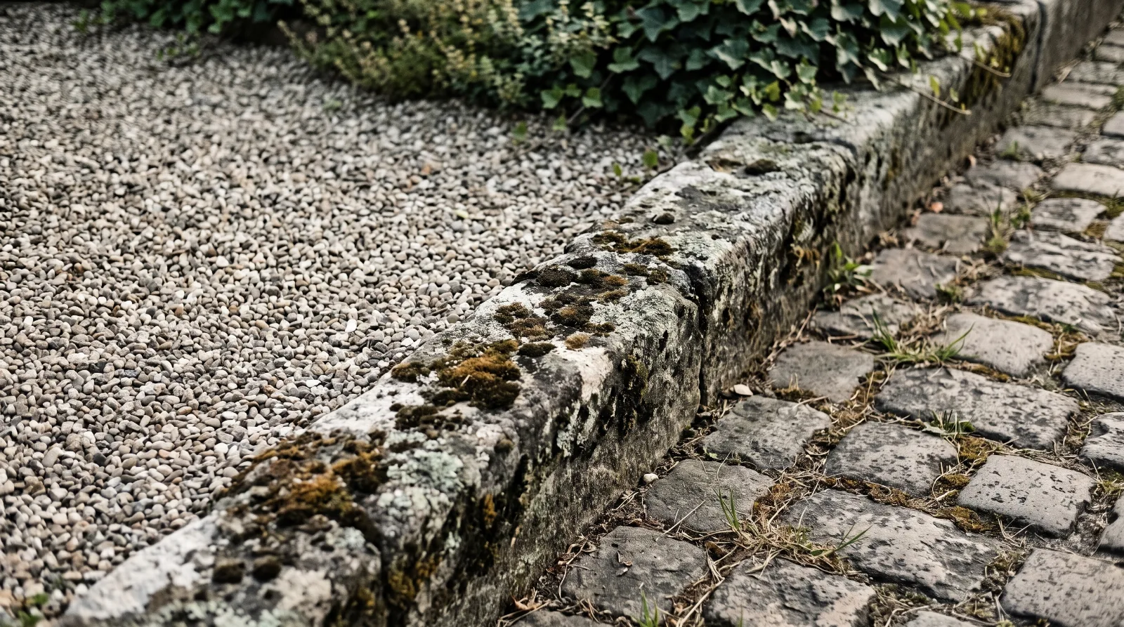Verwitterte Steinkante auf dem Friedhof zwischen verschiedenen Wegebelägen zum Thema Umbettung.