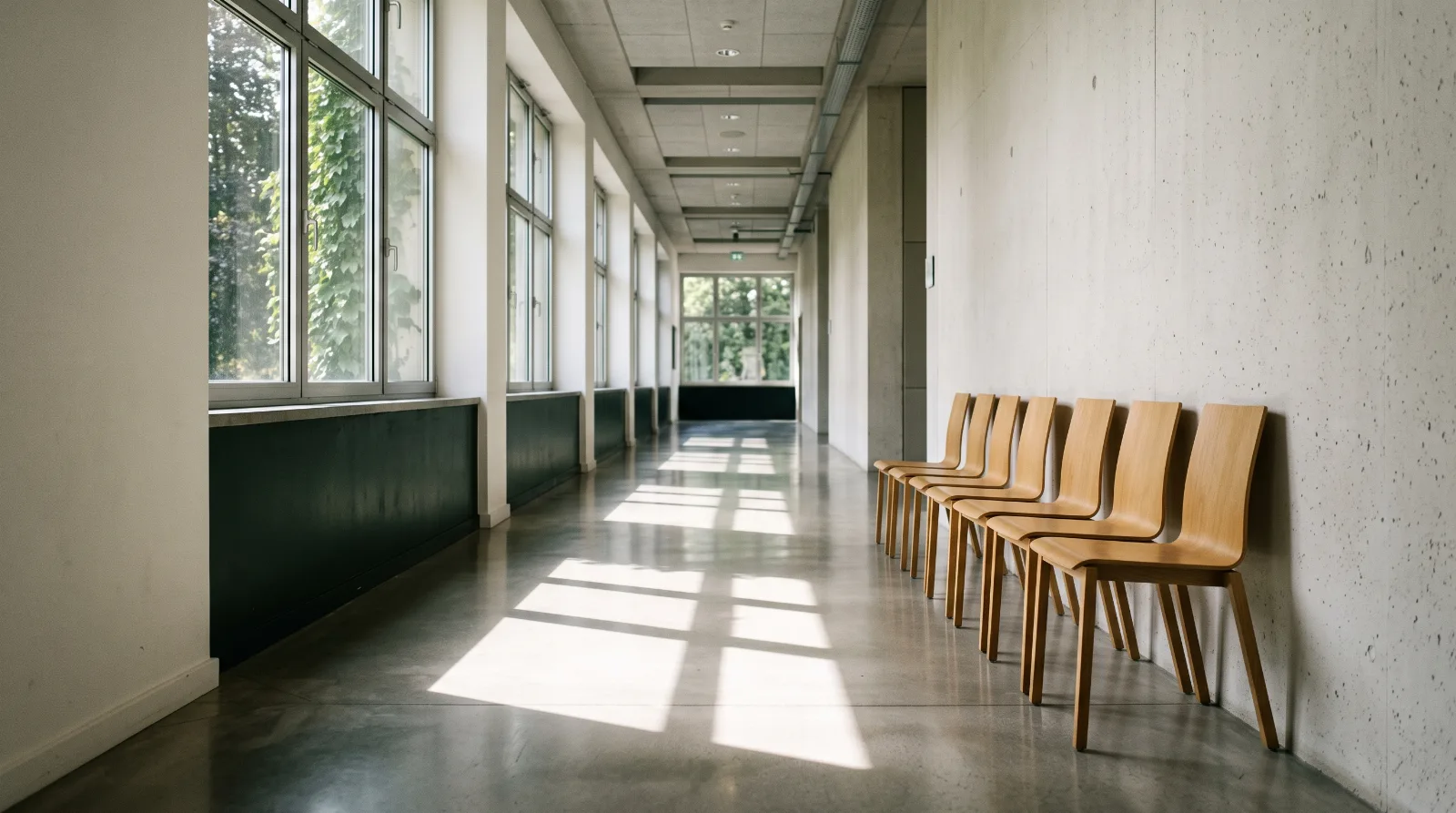 Leerer, heller Behördenflur mit einer Stuhlreihe an einer Wand zum Ratgeber was tun im Todesfall.