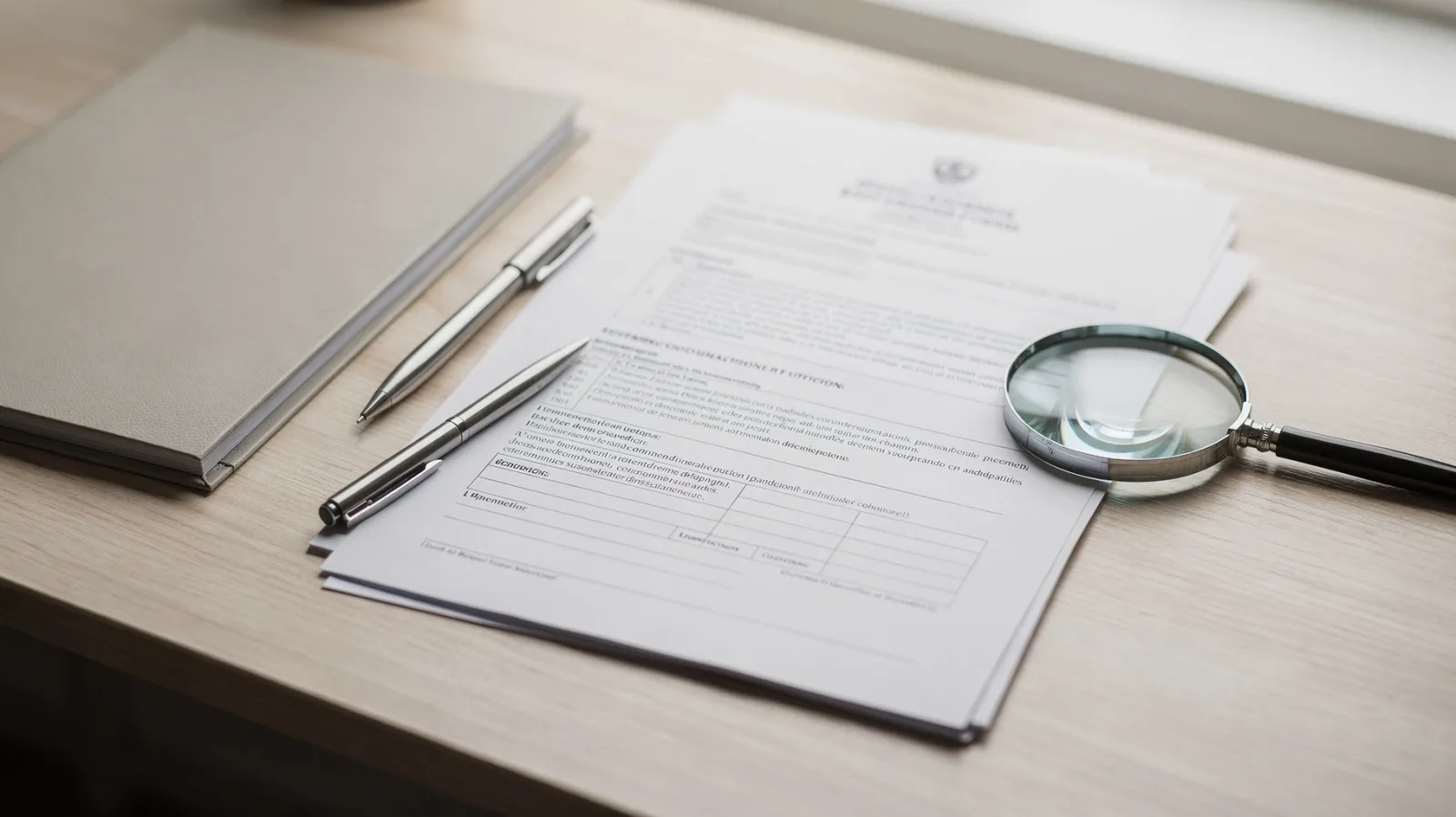 Handelsregisterauszug und Nachlassunterlagen auf einem Schreibtisch mit Ordner und Lupe
