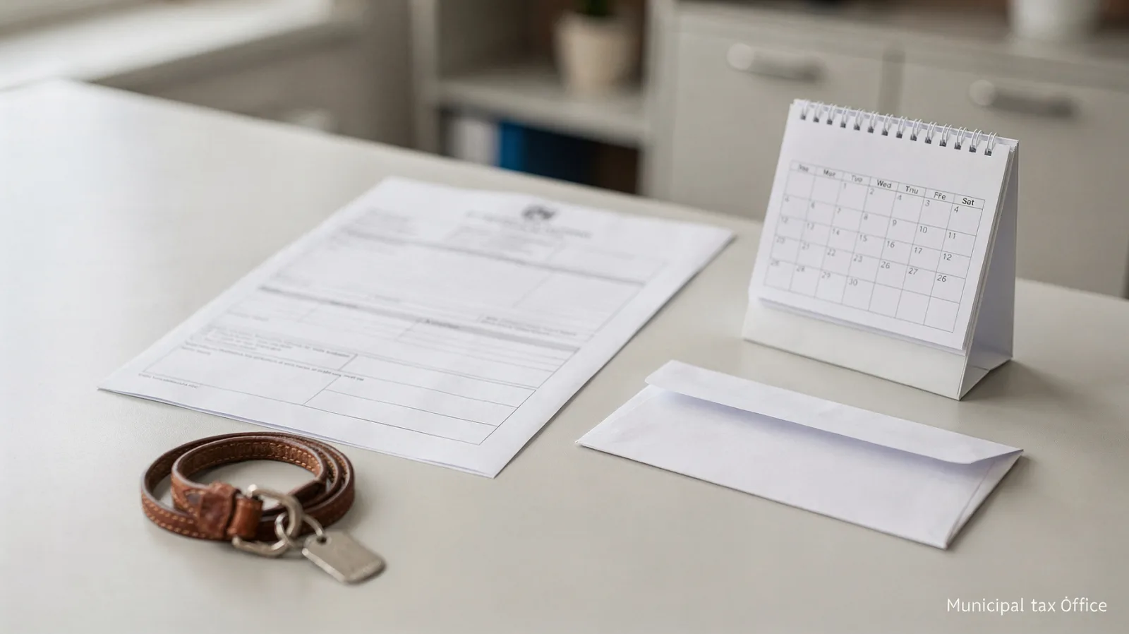 Hundesteuer-Unterlagen, Kalender und Hundemarke auf einem Schreibtisch zur Abmeldung nach einem Todesfall